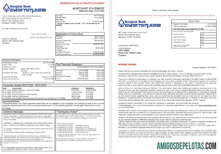 Extrato de hipoteca do Banco Tailândia Bangkok em formatos Word e PDF, 3 páginas 1 2 modelo